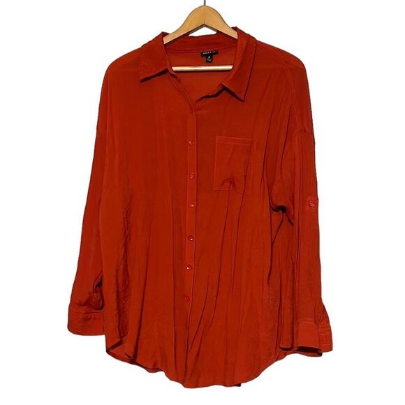 Torrid Blouse Top Woman’s Size Large Button-Down Red Roll Tab Sleeves Flowy - Picture 1 of 11